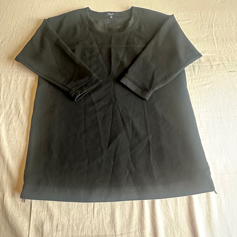 Madewell Black Fleece Tunic Sweatshirt 3/4 Sleeve Side Zip Pullover Top S